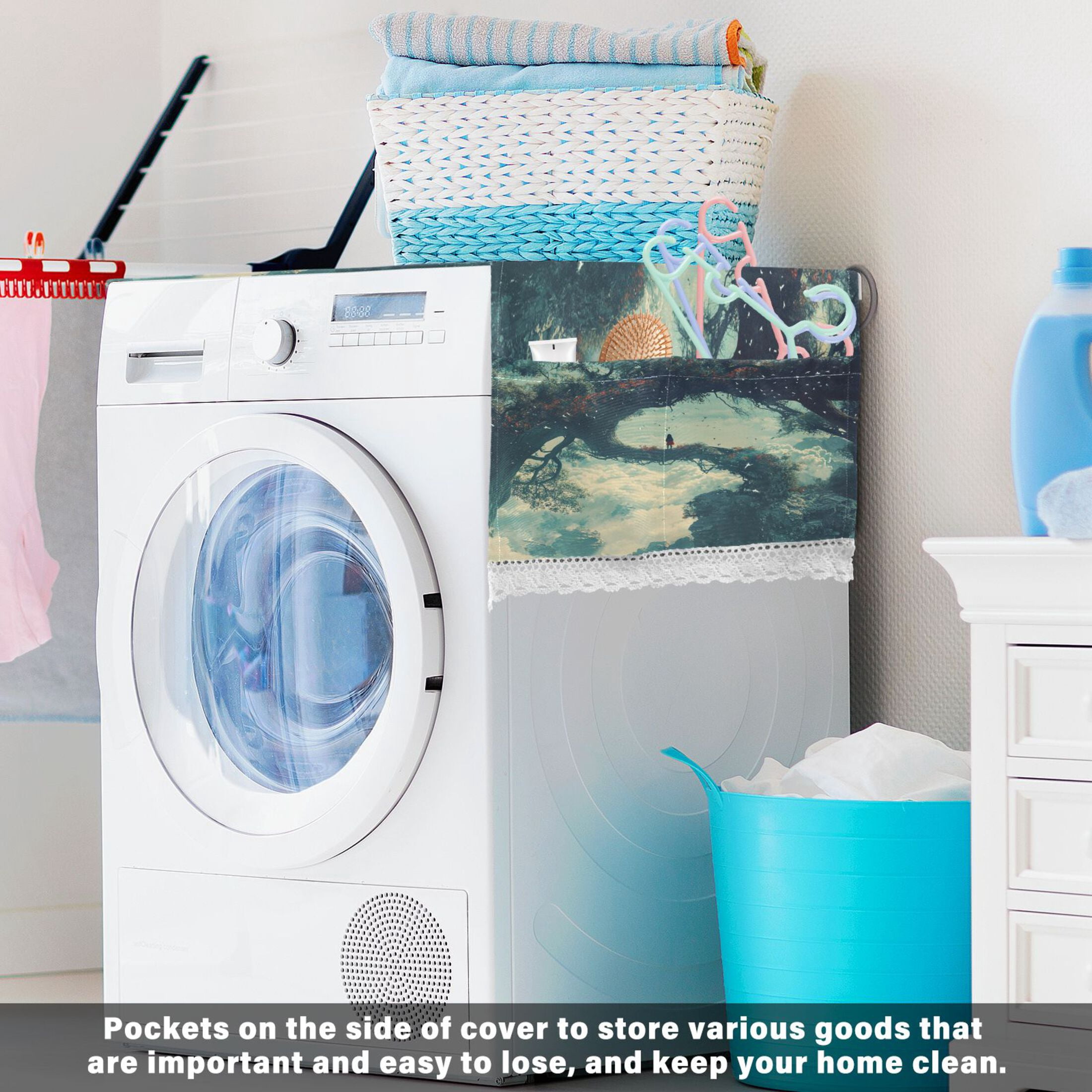 A Giant Tree in The SkyWasher and Dryer Covers Dust-Proof and Oil Resistant Fridge Cover with 4 Storage Pockets Washing Machine Top Cover for Laundry Kitchen Home 51.2 x 22 In