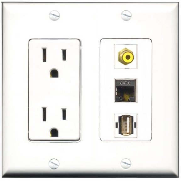 RiteAV - 15 Amp Power Outlet 1 Port RCA Yellow 1 Port USB A-A 1 Port Shielded Cat6 Ethernet Ethernet Decorative Wall Plate