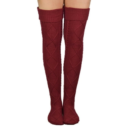 

Women Winter Warm Cable Knit Over Knee Long Boot Thigh-High Stockings Womens Thigh High Socks Wine Red