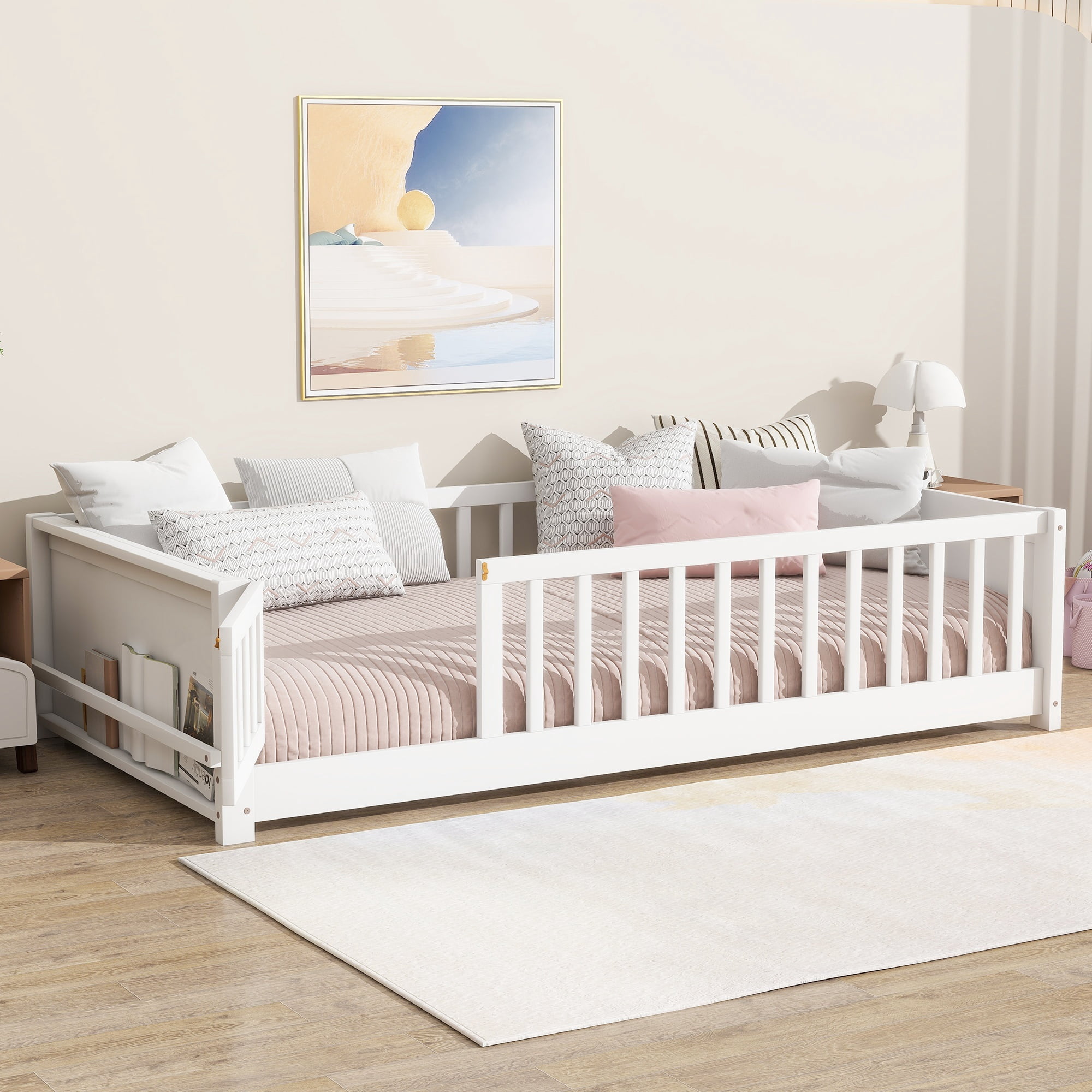 Alvantor Montessori Floor Bed Twin Size with Door for Kids, Toddler Wooden Platform Bed White