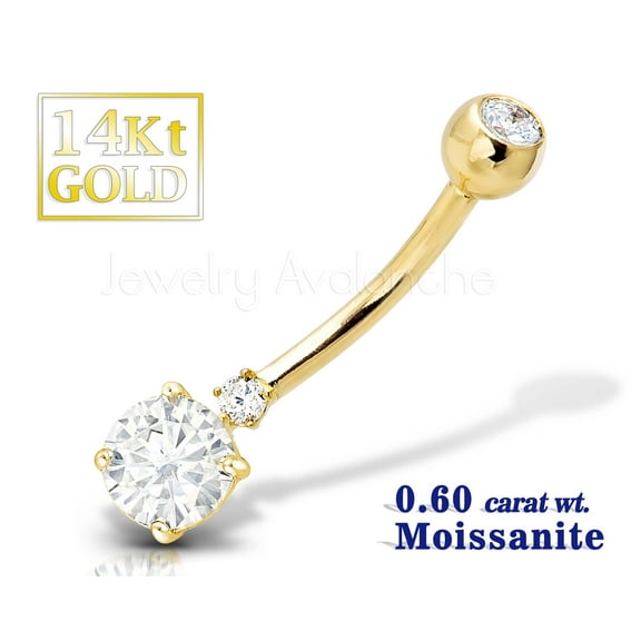 0.60 ctw Moissanite Solid 14Kt Gold Belly Ring, 14G Belly Button Ring, 3-stone Navel Piercing Jewelry, 14Kt Yellow Gold Body Jewelry