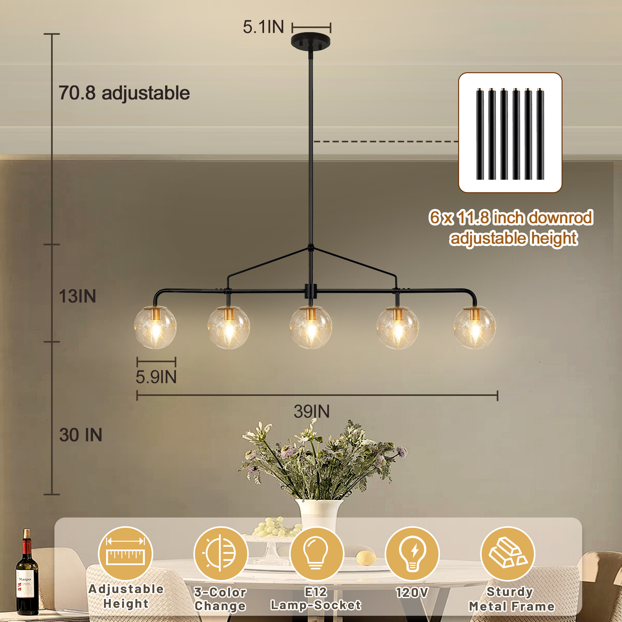 Auffel Dining Room Light Fixtures over Table 39 Inch Linear Chandeliers for Dining Room,Balck and Gold 5-Light Pendant Lights Kitchen Island,Seeded Glass Globe Lampshade