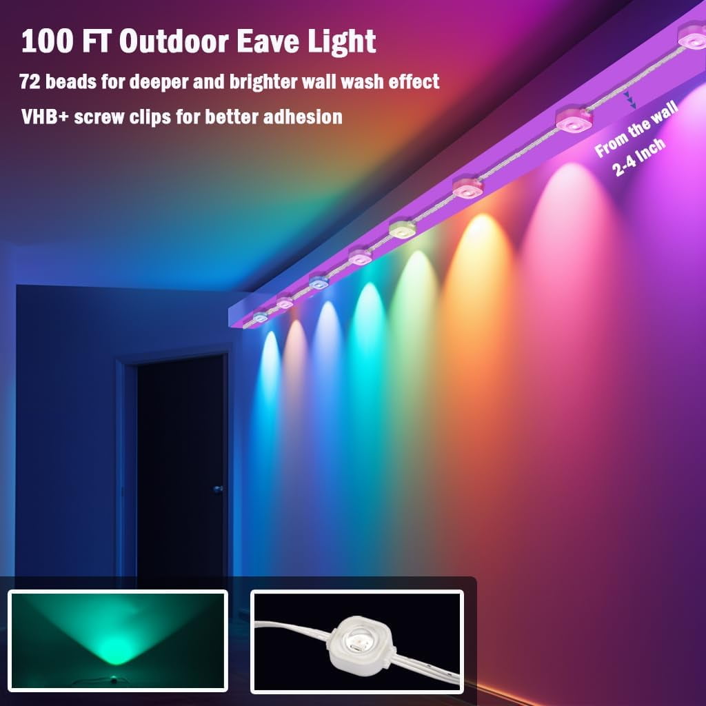 Permanent Outdoor Lights, 100ft Smart RGB+IC Outdoor Lights with 72 Scene Modes, 60 LED Eaves Lights IP67 Waterproof for Holidays, Party, Daily, Compatible with Alexa, Google Assistant