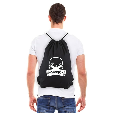 Deadly Skull and Pistons Jeep Eco-Friendly Cotton Draw String Bag Black &