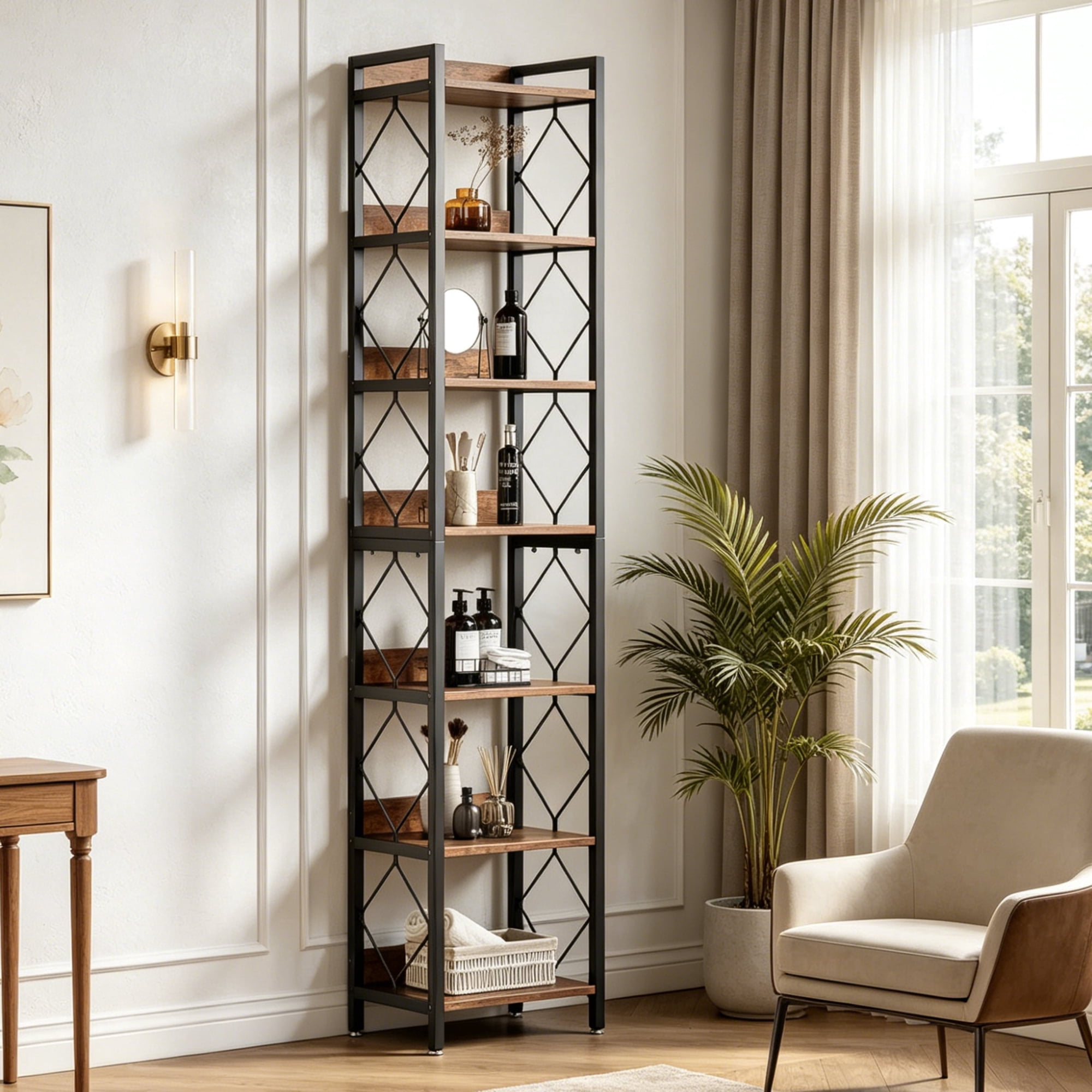 Fnova 78.7" 7-Tier Tall Storage Shelf, Narrow Metal Wood Bookshelf for Small Spaces, Office, Library, Living Room