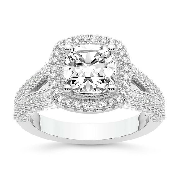 IGI Certified 2 Carat Cushion Shape Lab Grown Diamond Engagement Ring | 14K White Gold | Opulenté Antique Halo Diamond Ring | FG-VS Quality Friendly Diamonds