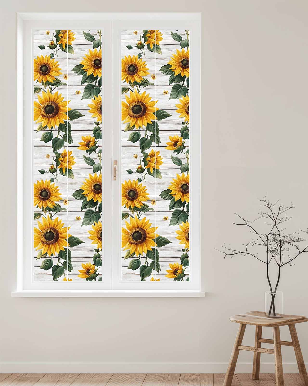 Window Privacy Film Yellow Sunflowers Stained Glass Window Film Decorative Sun Block Window Cover Country Botanical Floral Wooden Grain Window Clings Static Adhesive Sticker for Bathroom 29.5"x118"