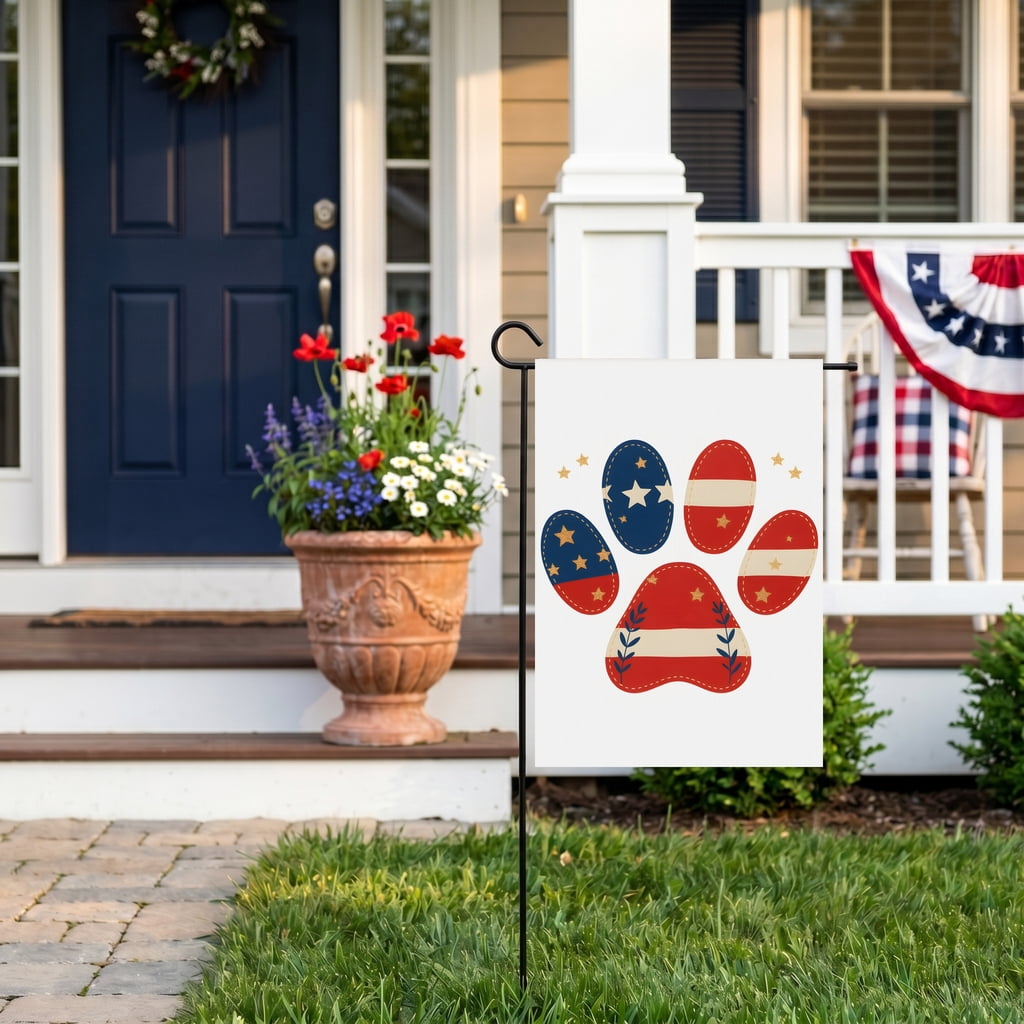 USA Garden Flag 28x40 Patriotic House Flag for Outdoor Decor with Red White Blue Paw Print Stars Stripes