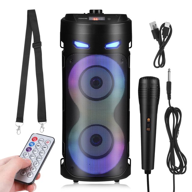 1 juego de altavoces portátiles con micrófonos, altavoces para exteriores con subwoofer, sistema de altavoces PA portátil con control remoto y luces LED de colores para fiestas en casa.