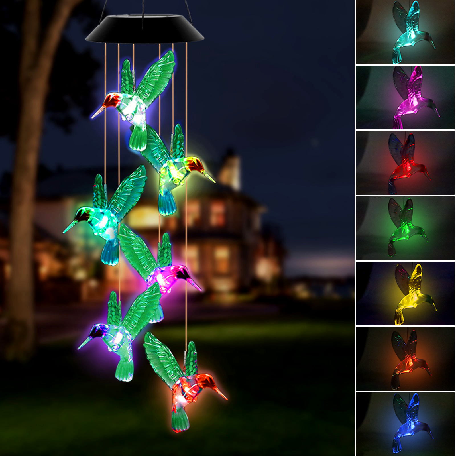 Solar Powered LED Hummingbird Wind Chime Light Color Changing Yard Garden Decor