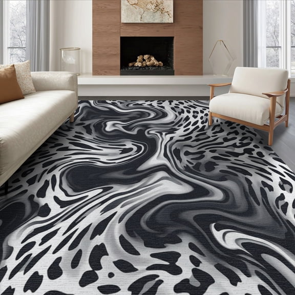 ODIKA 8'x10' Washable Area Rug Durable, Non-Slip Spotted Marbled Abstract Patchwork Bold Motif Cow Inspired Snack Playful for Living Room, Under Sectional, Family
