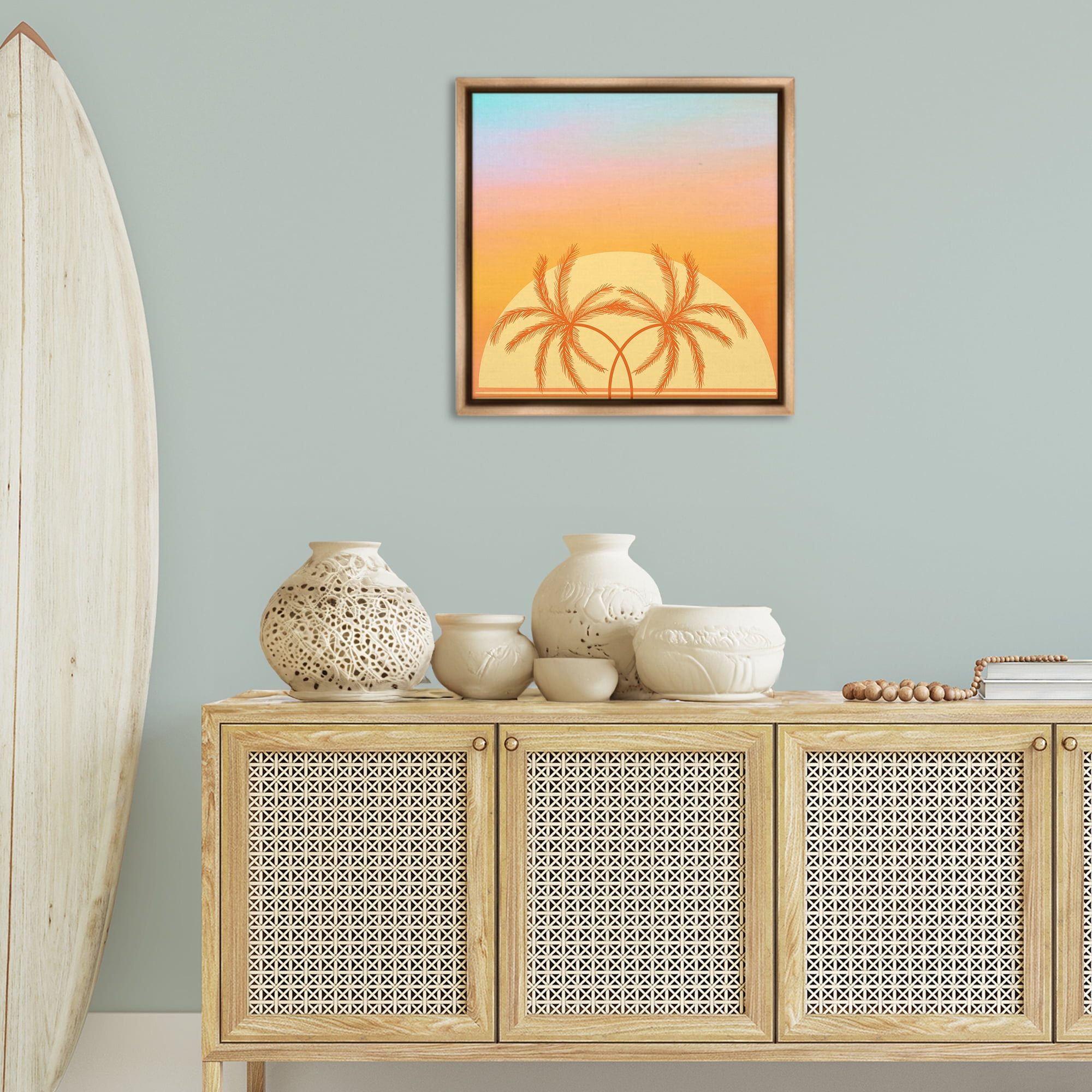 Stupell Industries Retro Sunset Palm Trees Plants & Flowers Painting Brown Floater Framed Canvas Art Print Wall Art, 25 x 25
