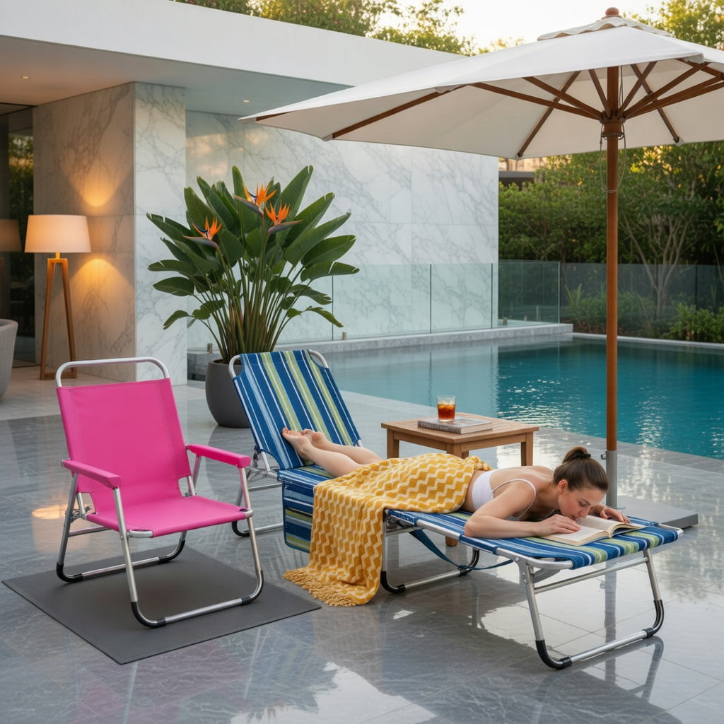 Hommoo 5-Position Adjustable Outdoor Folding Chaise Lounge Chair with Pillow, Lightweight, Portable & UV-Resistant, Blue & Green
