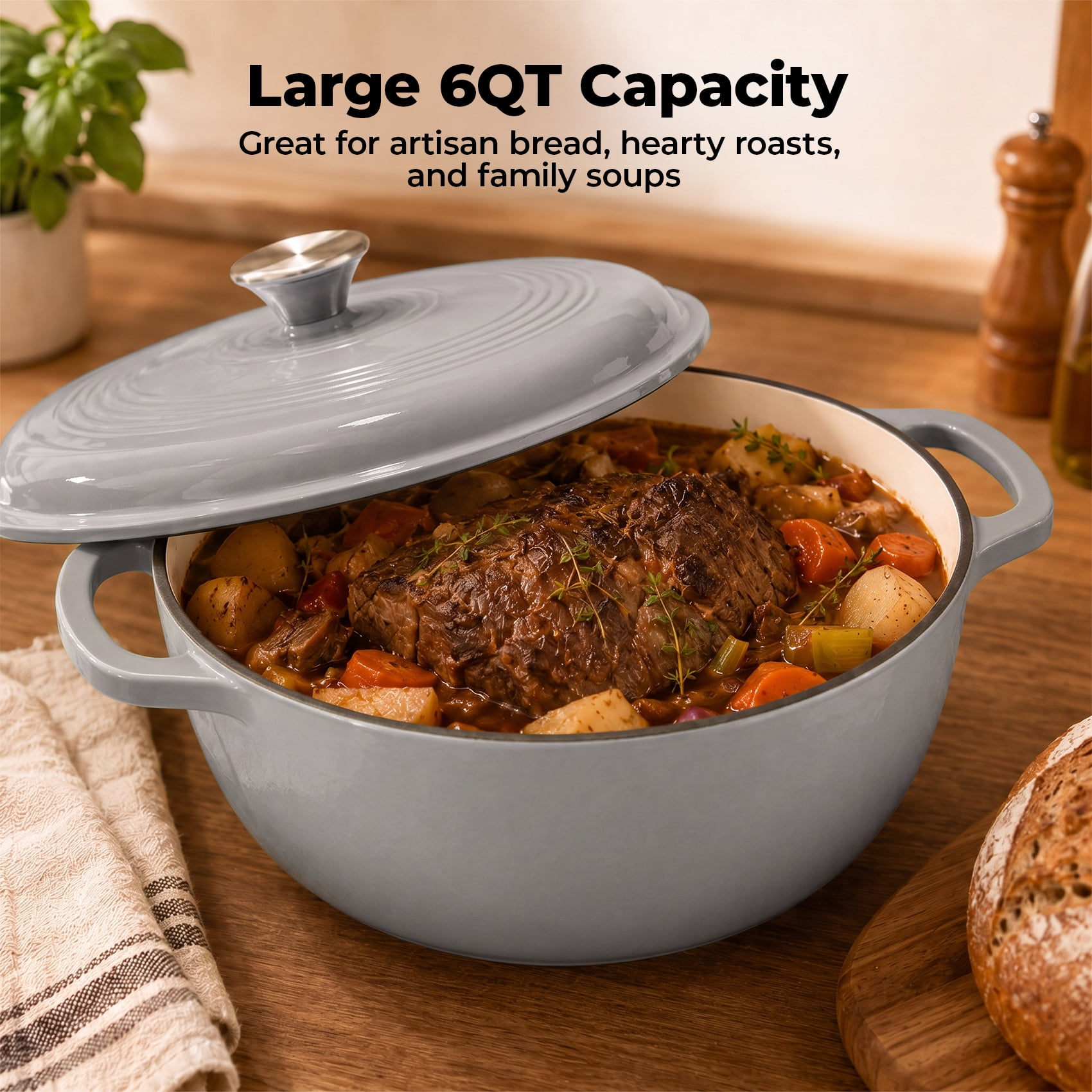 Alvantor Enameled Cast Iron Dutch Oven Pot with Lid-6Quart Non Stick Casserole Pot-Heavy Duty & Oven Safe up to 500° F for Bread Baking, Braising, Stews, Roasting