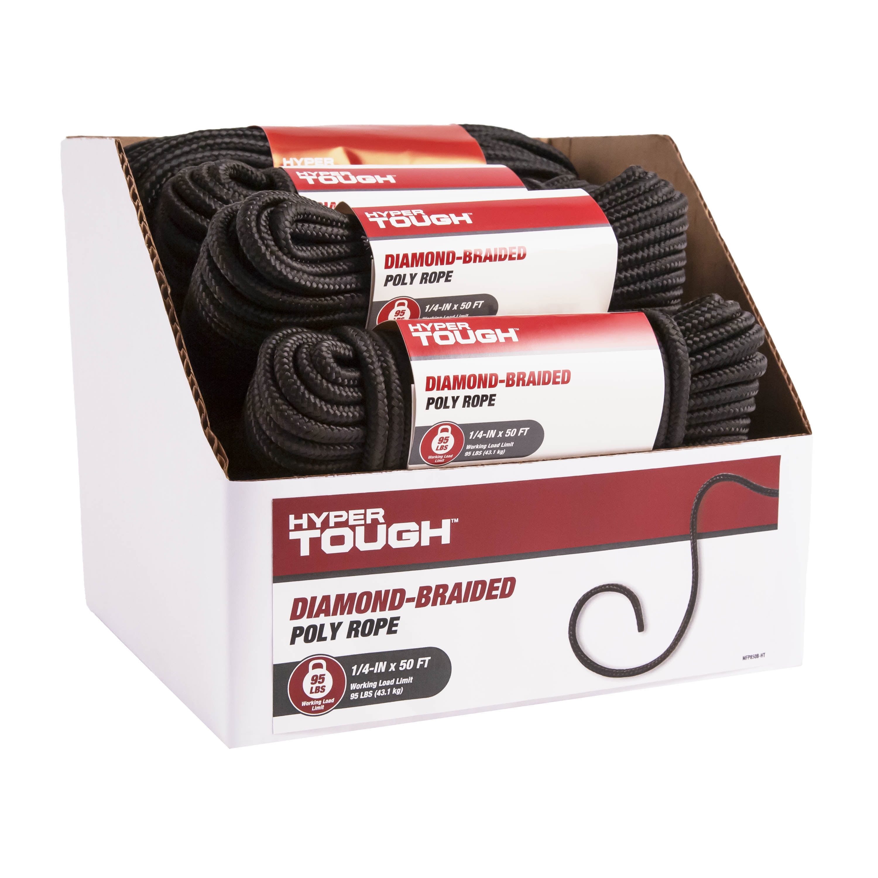 Hyper Tough Item MFP850B-HT, Polypropylene Diamond Braid Rope, Black, 1/4" x 50', 1 Each