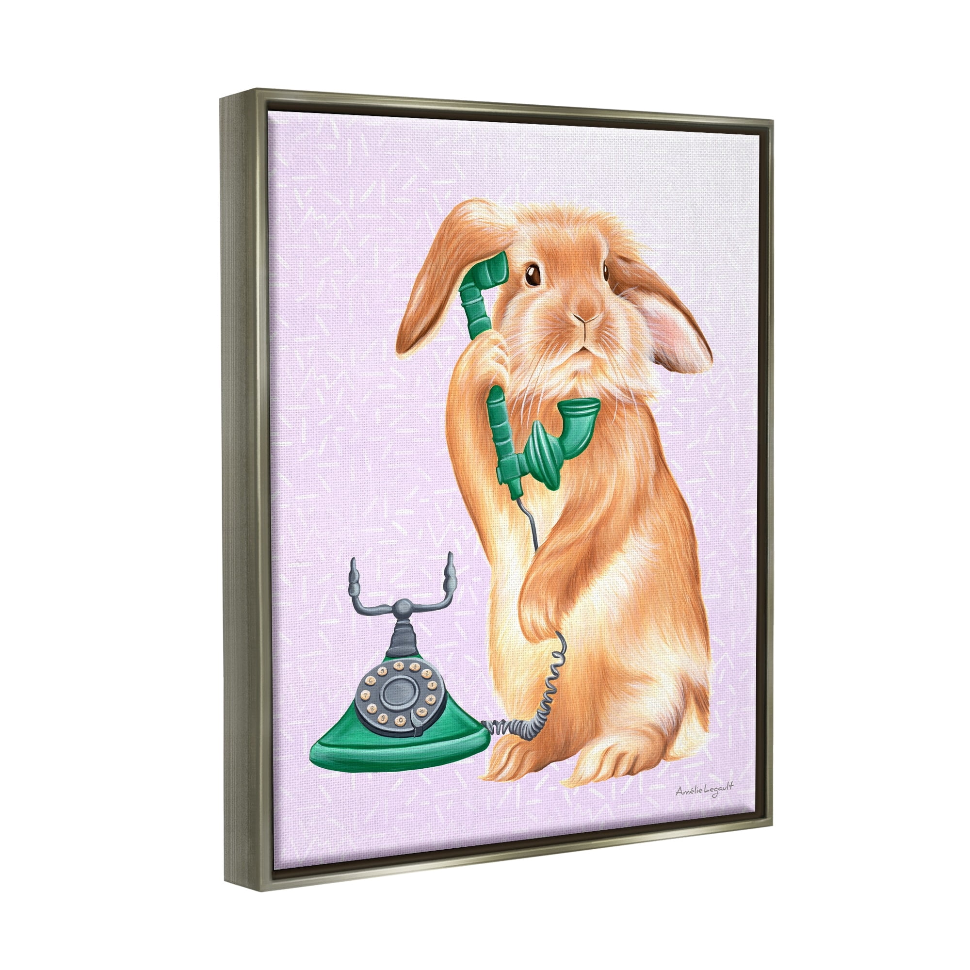 Stupell Industries Fluffy Bunny Rabbit Talking Green Rotary Phone Graphic Art Luster Gray Floating Framed Canvas Print Wall Art, Design by Amelie Legault