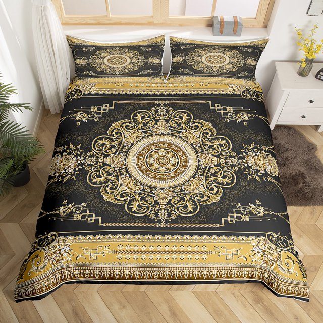 Royal Floral Duvet Cover Queen Black Gold Boho Bedding Set Persian
