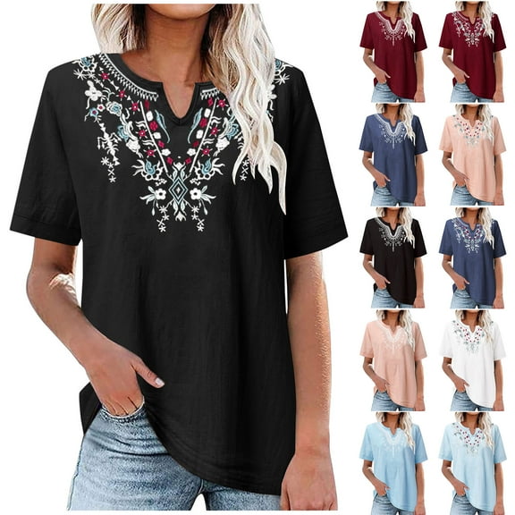 Jewelreauty Casual Embroidery Shirts for Women Cotton Linen V Neck Mexican T-Shirts Summer Loose Tunic Tops (S, Black)
