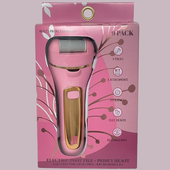 Rucci Proffesional Electric Foot File and Pedicure Kit, Rechargable Callus Remover, with Attachments, Pink