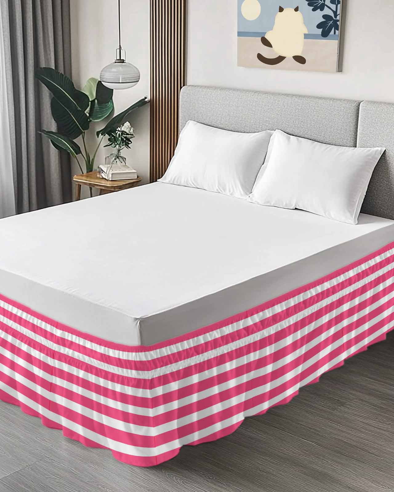 Pink Striped Wrap Around Bed Skirts for King Bed 18" Drop,Bed Skirt with Adjustable Elastic Belt Dust Ruffle Bed Valance for Bedroom Hotel Modern Simple Monochrome Geometric White Bed Frame Cover