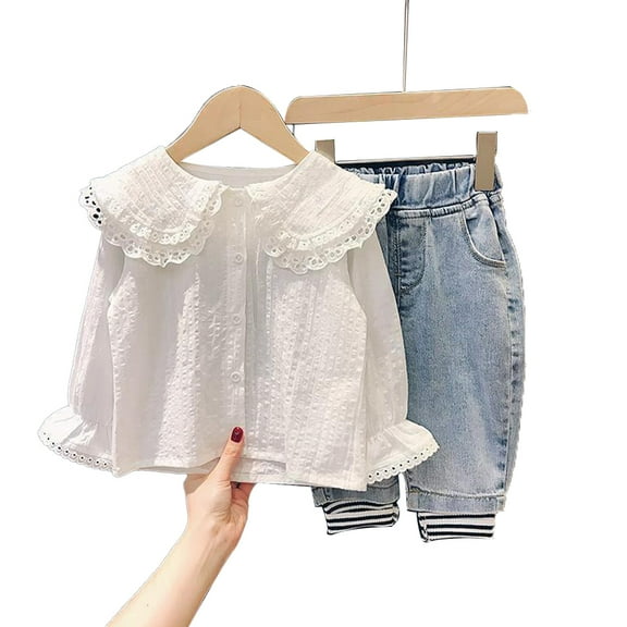 Godderr Girls Long Sleeved Shirt for Kids,9M-7Y Toddler White Button down Shirt Baby Newborn Ruffle Princess Lace Lapel Collar Shirt Girls White Dress Shirt