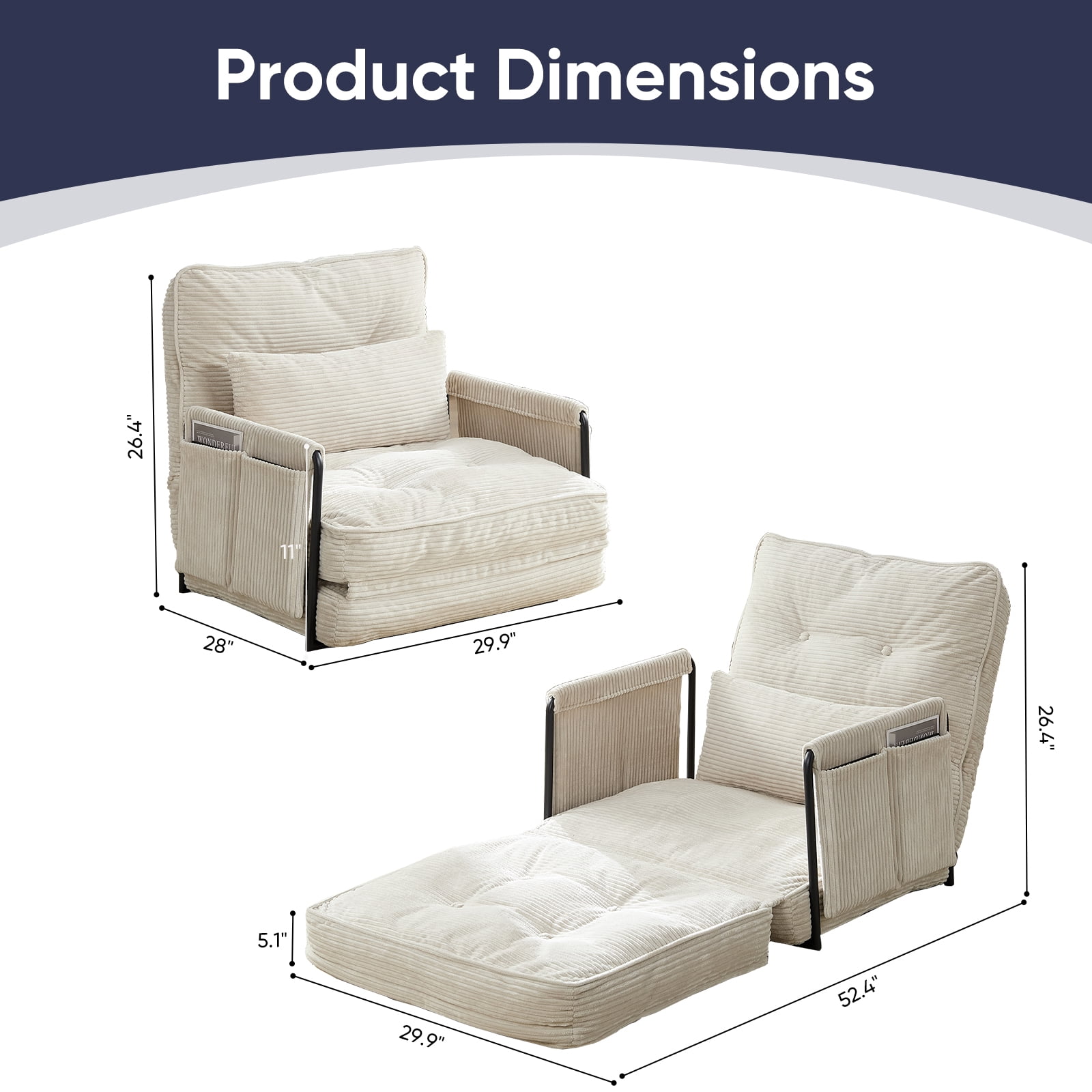 BALUS Futon Folding Sofa Bed, 4-in-1 Floor Couch with Foldable Mattress, Convertible sofa beds for Living Room, Corduroy, Beige