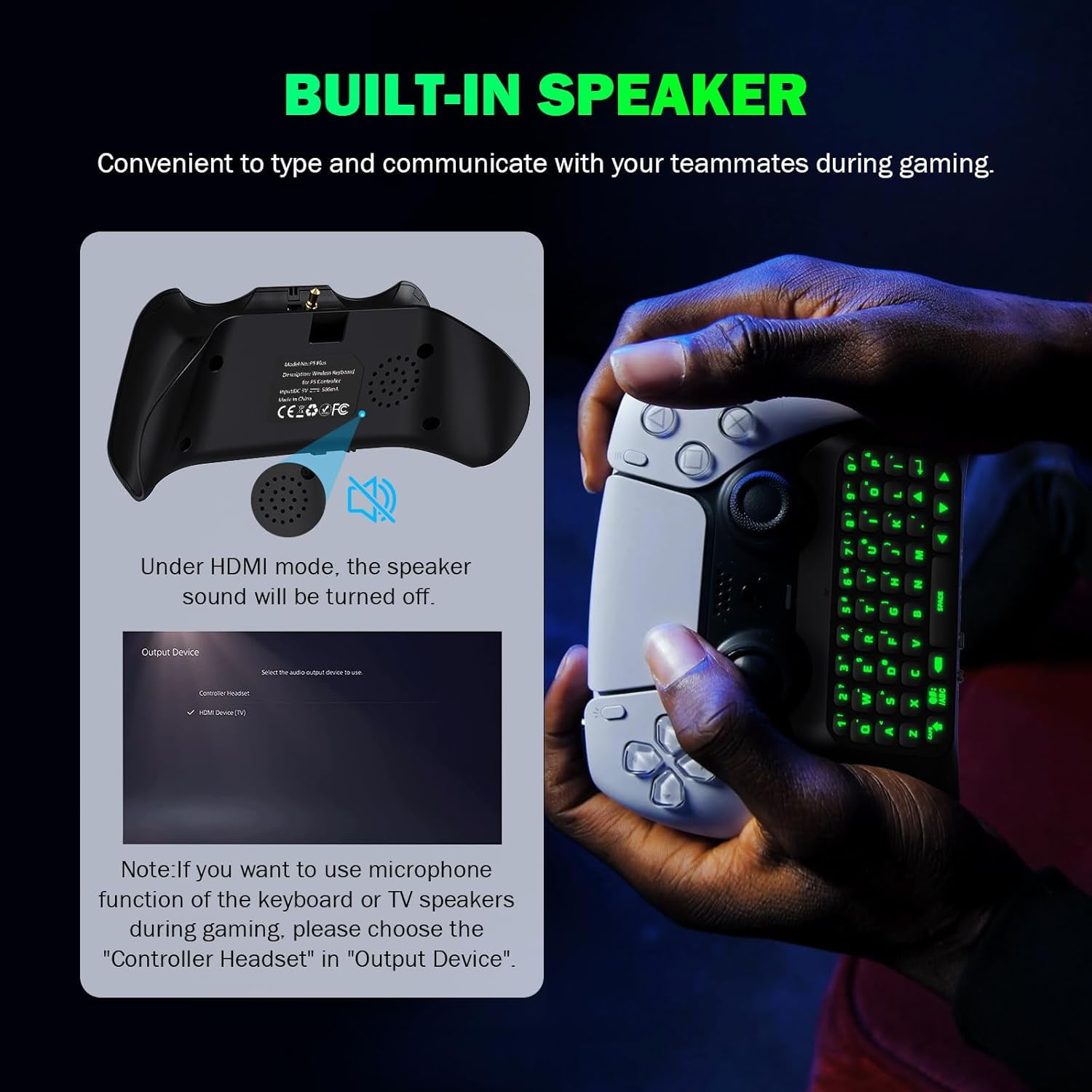 Bluetooth 3.0 Wireless Keyboard With Green Backlight for PS5 Controller,Mini Portable Gamepad Chatpad with Built-in Speaker&3.5MM Audio Jack, Voice Chat Board for Messaging&Gaming Live Chat,Black