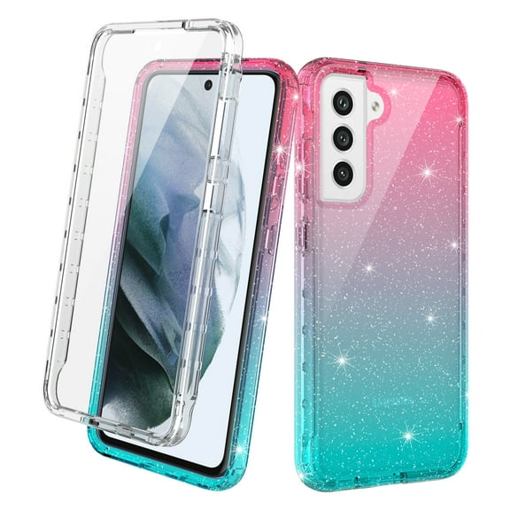 Samsung Galaxy S21 FE Case With Built-in Screen Protector, Rosebono Hybrid Glitter Sparkle Transparent Colorful Gradient TPU Skin Cover 360 Protection Case For Samsung Galaxy S21 FE (Pink/Teal)