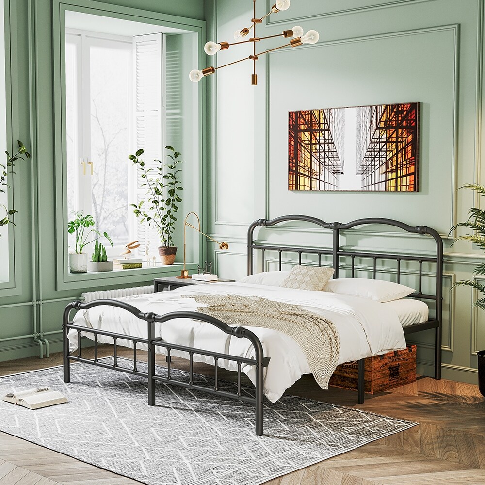 Heavy Duty Anti-Sway 18 Inch High Steel Tube Iron Bed, Double Wave Headboard And Footboard Full