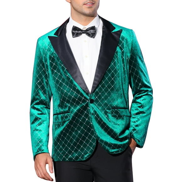 INSPIRE CHIC Men's Blazers Velvet Peak Lapel Argyle One Button Shiny Blazers S Green