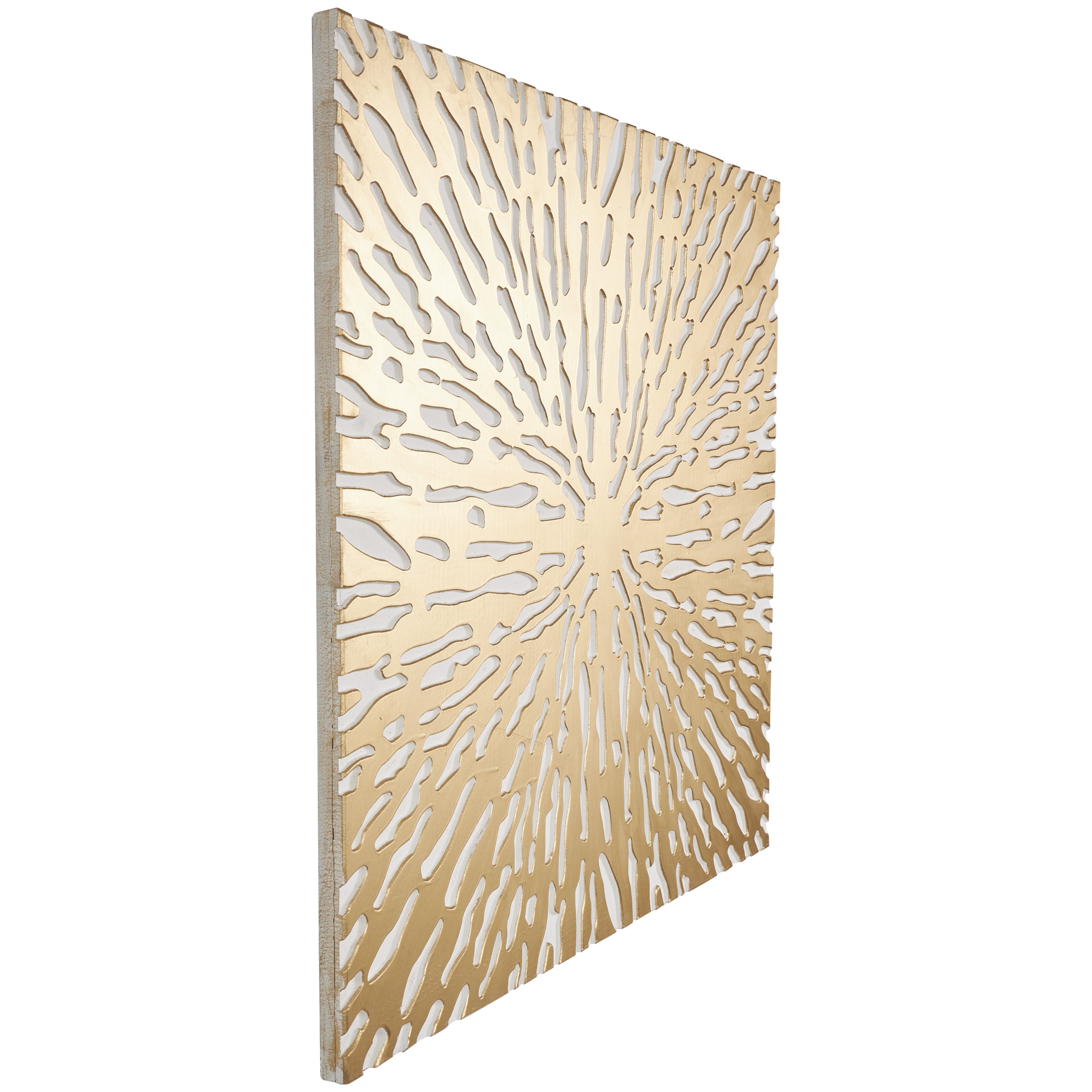 DecMode Gold Wooden Abstract Carved Starburst Wall Decor with White Backing
