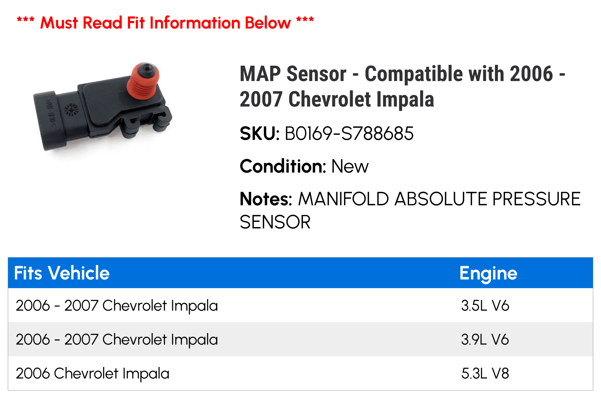 MAP Sensor - Compatible with 2006 - 2007 Chevy Impala