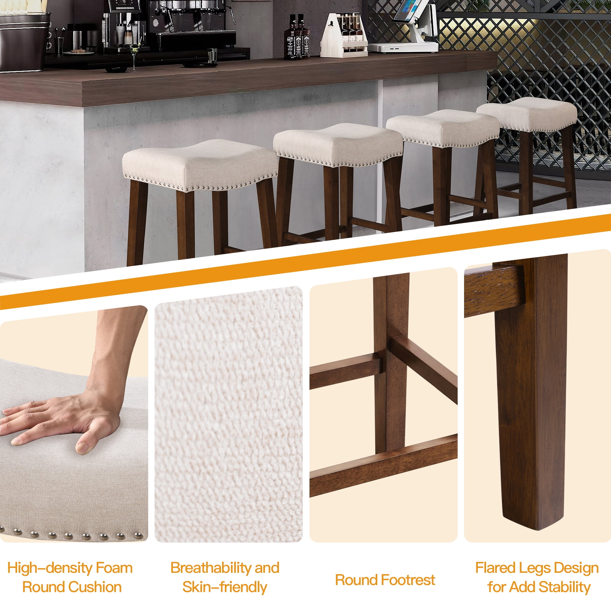 24 inch Bar Stools Set of 2 Linen Counter Height Kitchen Stools Curved Backless Saddle Barstools for Kitchen Island, Beige