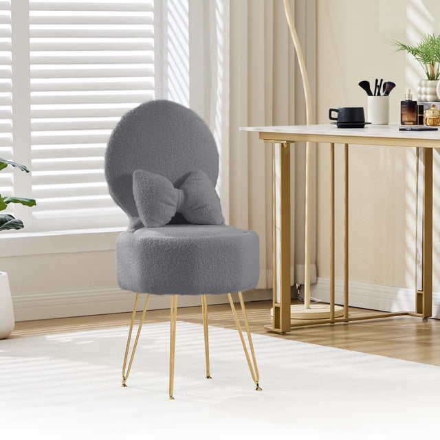 Yeshouse Tocador con espacio de almacenamiento, taburete de franela con respaldo plegable y cojín, moderno sillón de maquillaje para dormitorio con patas de metal