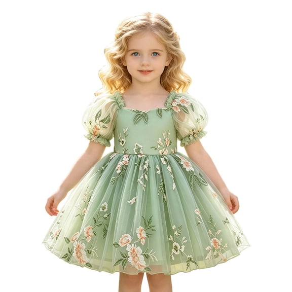 Curuila Child Toddler Girls Dress Short Sleeve Floral Embroidered Square Neck Fashionable Dresses Size 4 Years
