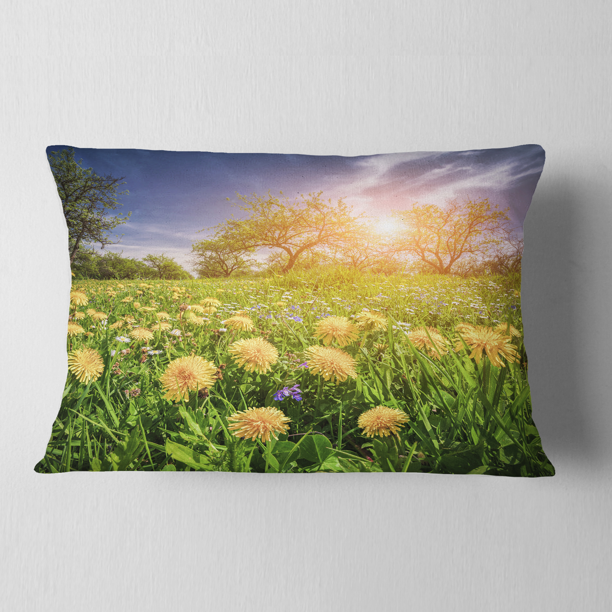 Designart Blossom Dandelions in Green Garden - Landscape Printed Throw Pillow - 12x20