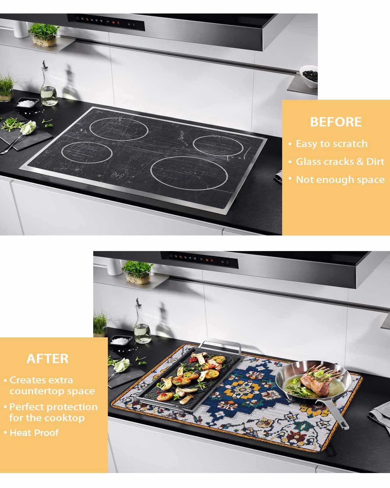 nqOlkjepod Large Induction Cooktop Protector Mat 28.5"x20.5", Blue Grey Boho Stove Top Covers for Electric Stove, Retro Traditional Oriental Boho Tribal Stove Burner Cover Mats Stove Cover