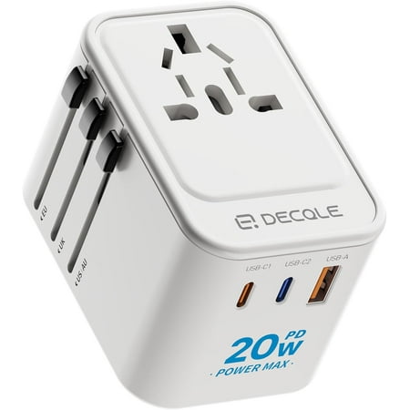 Unisal Travel Adapter International Travel Plug Adapter with 2 USB-C(PD 20W) & 1 USB-A Ports All in One Portable Adaptor for USA UK EU AU & 224+ Countries (White) US