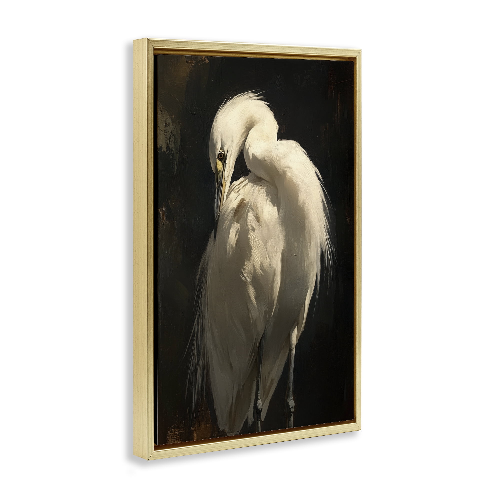 Stupell Industries Feathered Egret in Soft Light Gold Framed Floater Canvas Wall Art, design by Petal Prints Design
