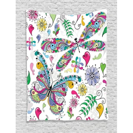 Butterfly Tapestry Wall Hanging - Butterfly Wall Hanging Tapestry, Butterfly and Dragonfly Paisley Complex Structured Motifs with Diverse Ethnic Lines Art Image, Bedroom Living Room Dorm Decor, Multi, by Ambesonne