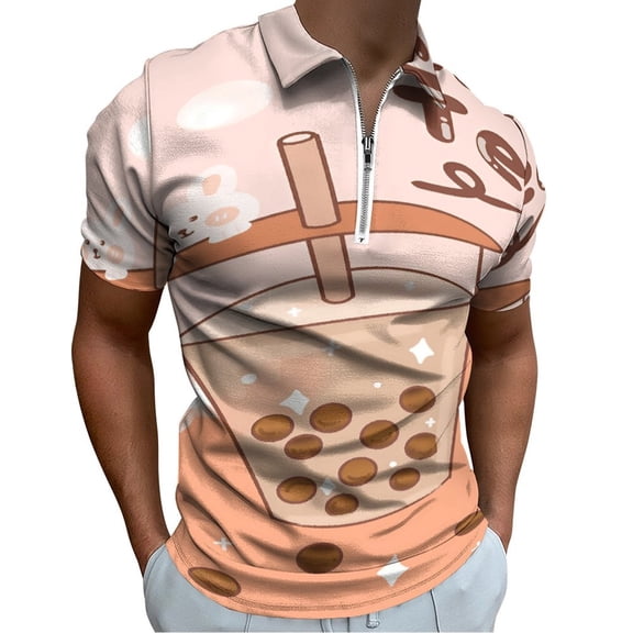 Milk Tea Drink Cute Design Men Zipper T-shirt Summer Casual Short Sleeve T-shirt Top
