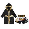 thumbnail image 2 of Raenseen Kids Boys Boxing Gown Hooded Robe Boxing Outfit Long Sleeve Metallic Satin Robe Hooded Cloak White&Black 6, 2 of 9