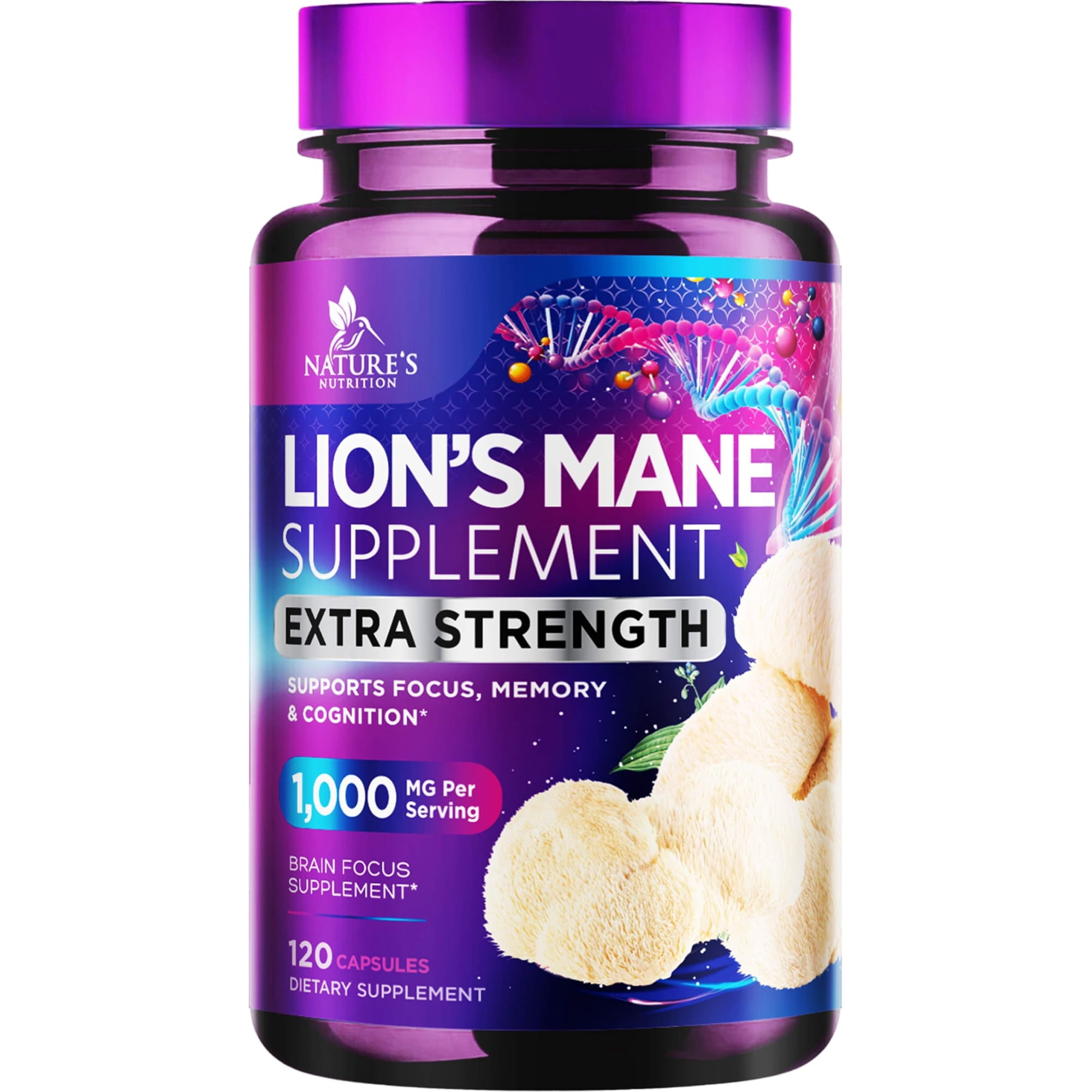 Lion's Mane Mushroom Supplement - Extra Strength Lions Mane Extract - Natural Memory & Focus Support - Brain & Immune Health Support - Vegan LionsMane Mushroom Powder - Bottled in USA - 120 Capsules