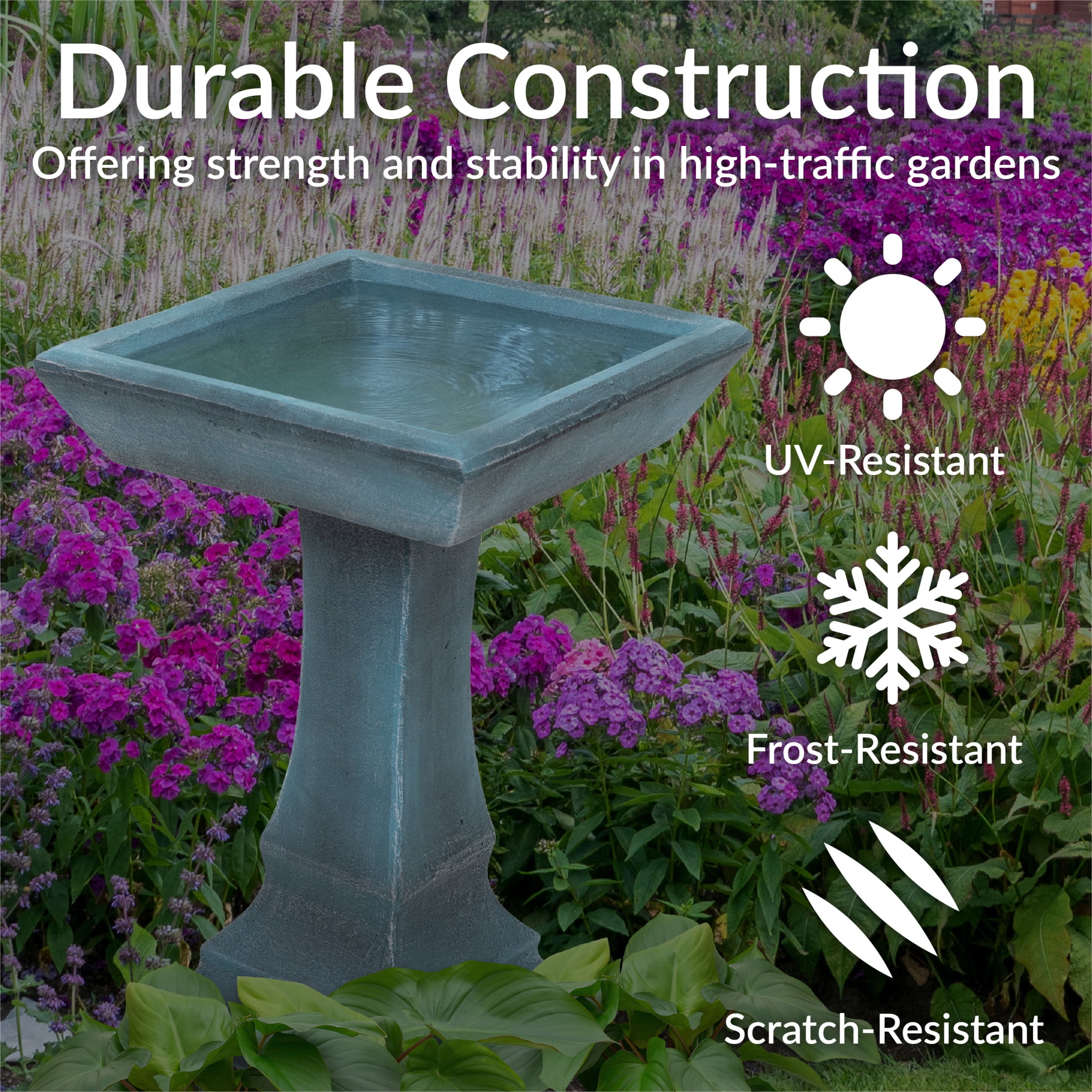Sunnydaze Simply Square Freestanding Glass Fiber Reinforced Concrete Outdoor Bird Bath, Green