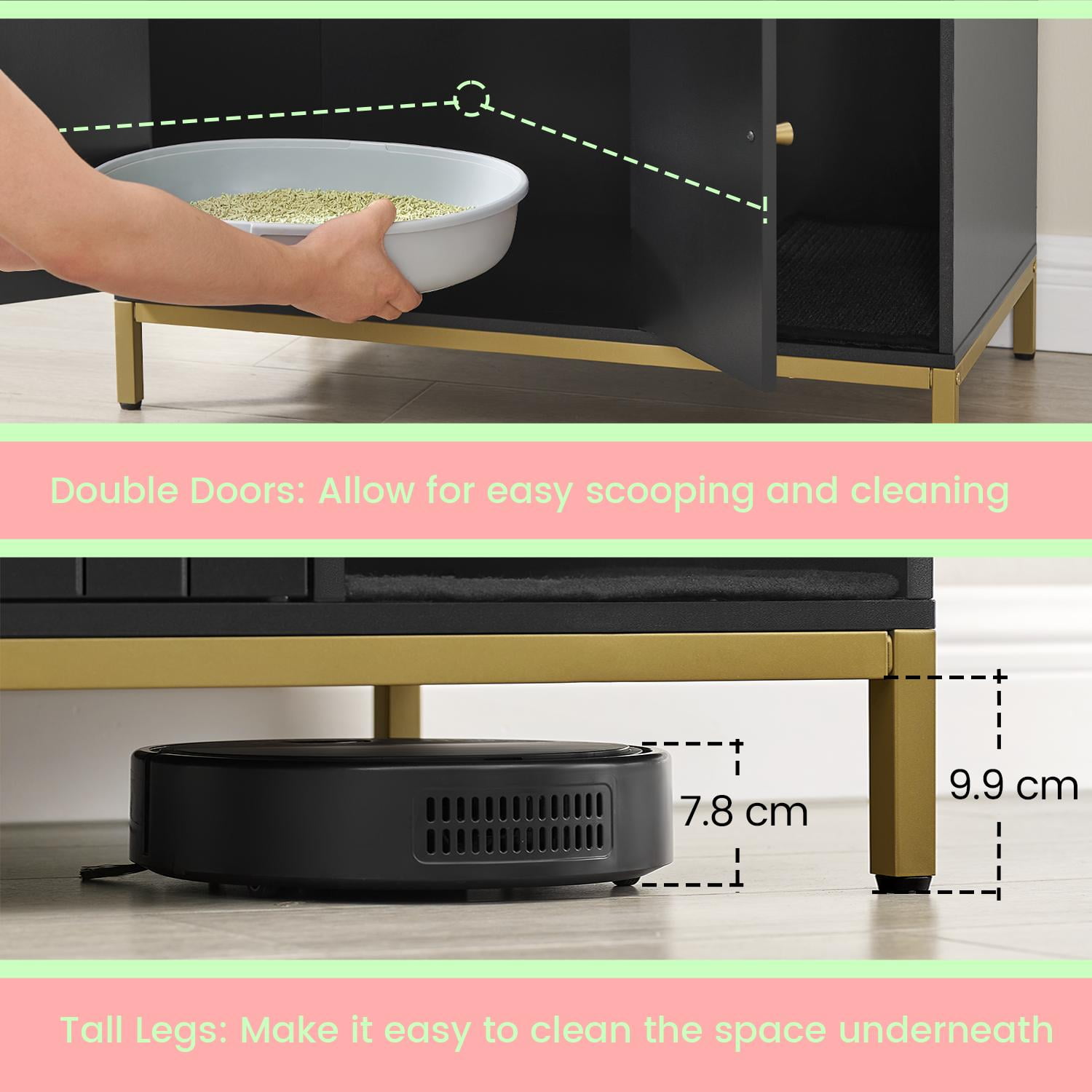 LEDREM Modern Cat Litter Box Furniture - Hidden Enclosure with Scratching Mat, Dual Doors, Side Table Function, Black and Gold