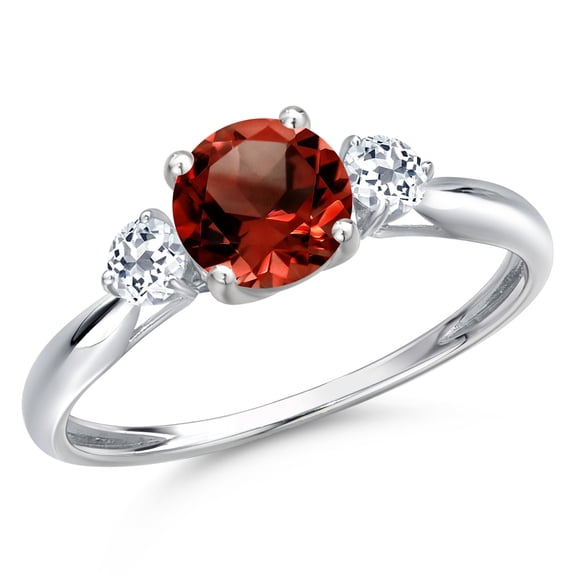Gem Stone King 10K White Gold Red Garnet and White Topaz 3-Stone Ring for Women | 1.28 Cttw | Round 6MM | Gemstone January Birthstone | Size 8