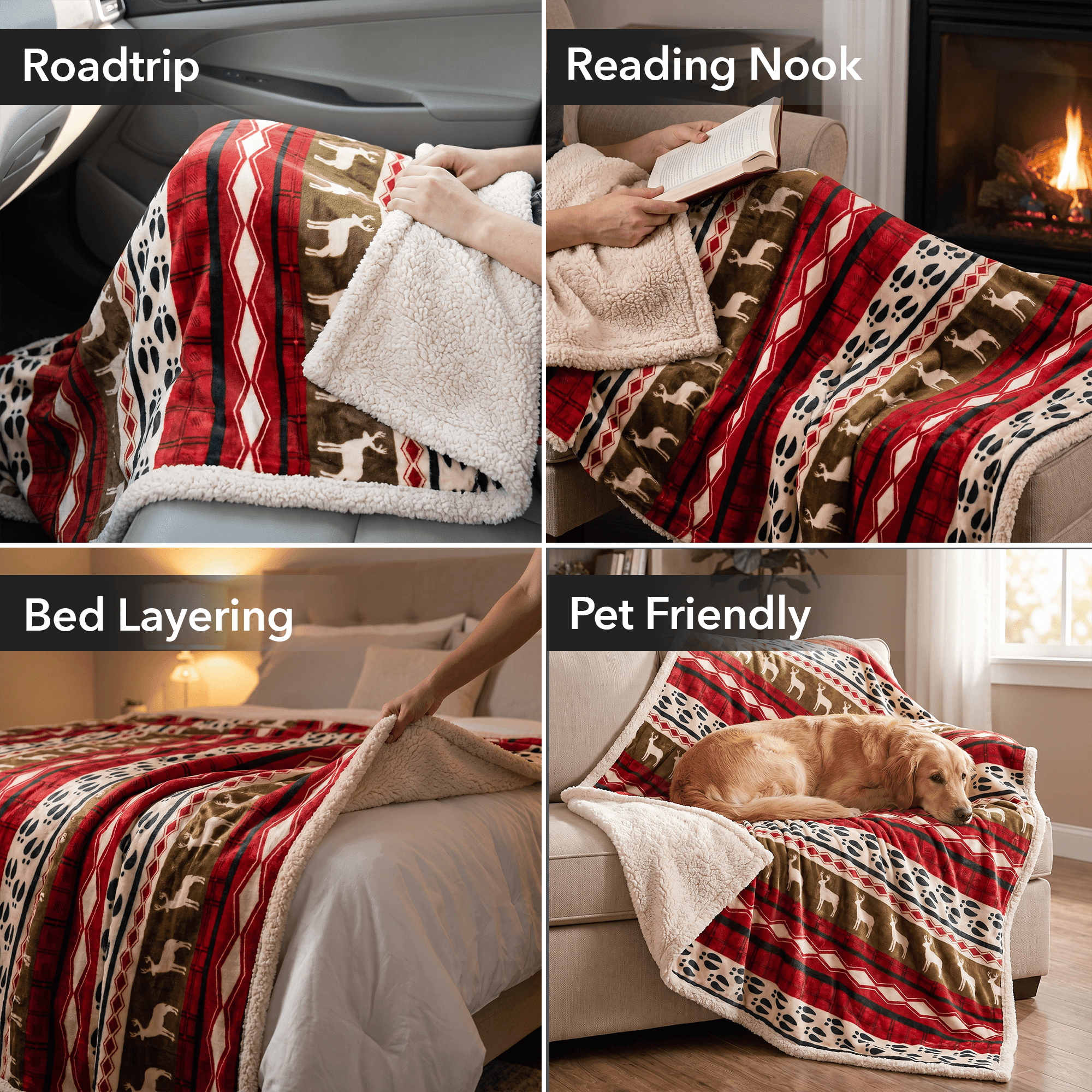 OVENTE Sherpa Throw Blanket, 50"x60", Reindeer Design, Red BLN4688 | Thick and Warm Blanket for Winter, Soft Fuzzy Plush Throw Gift or Sofa Couch Cover for Christmas or Holiday Season