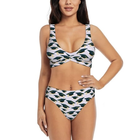 Zeuib Graduation Hats High Waisted Tummy Control Bikini Set - Knot Front Push Up Top & Cheeky Thong Bottom  Two-Piece Swimsuit for Women-Medium
