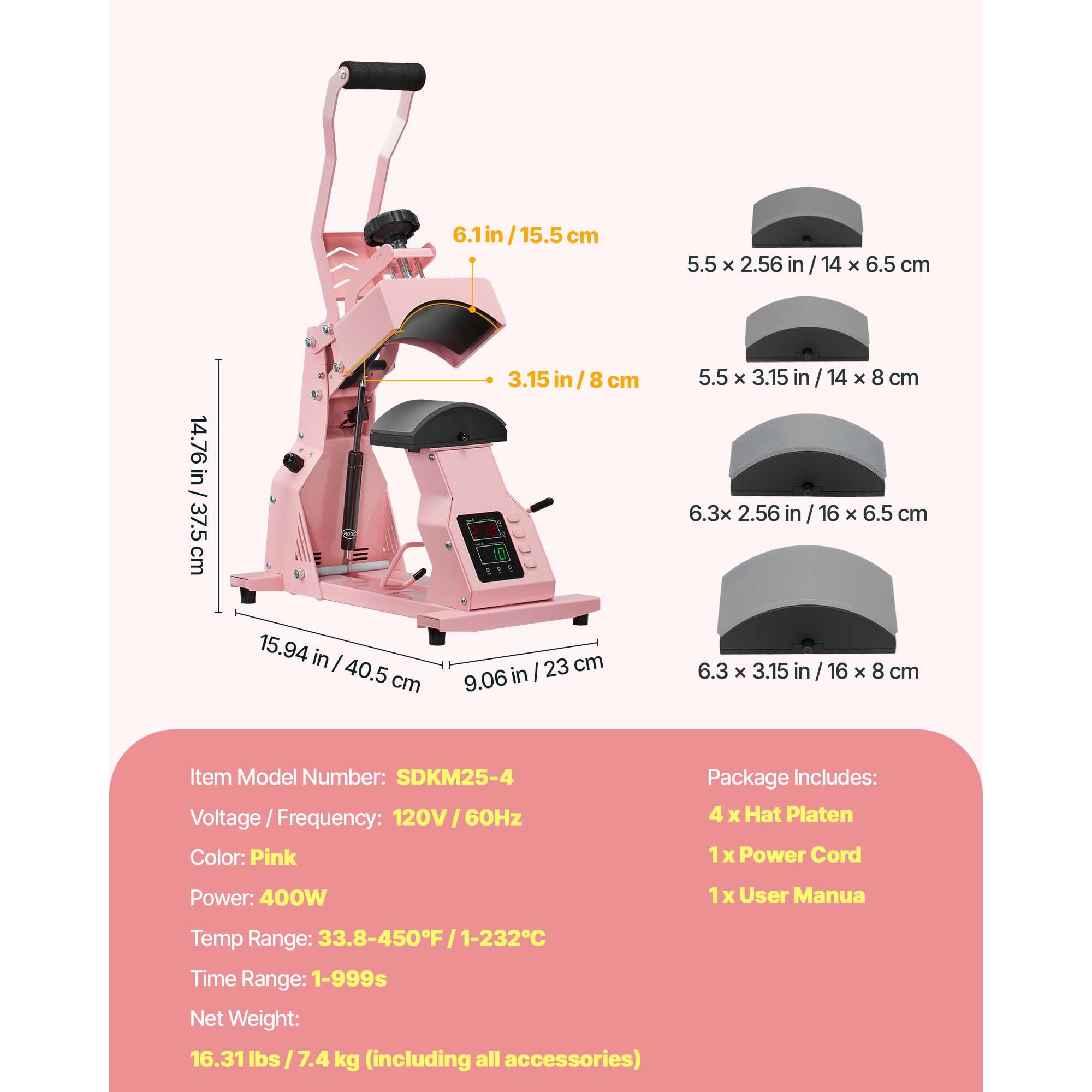 KFFKFF Hat Heat Press Machine with 4 Interchangeable Platens, Accurate Temperature and Time Settings, Ideal for HTV and Sublimation on Caps, Headbands, Cuffs, and Masks, Pink