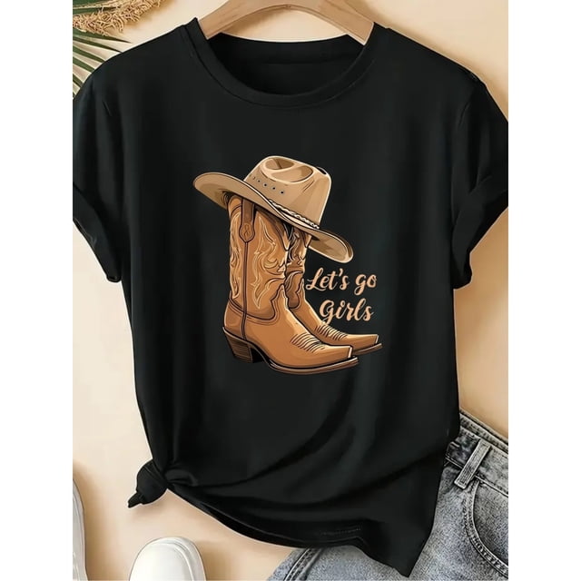 Camiseta de Mujer con Estampado de Monograma de Botas y Sombrero Vaquero - Top de Manga Corta Estilo Western Ideal para Primavera, Verano y Otoño, Eventos Temáticos Vaqueros y Outfits Diarios - Blusa